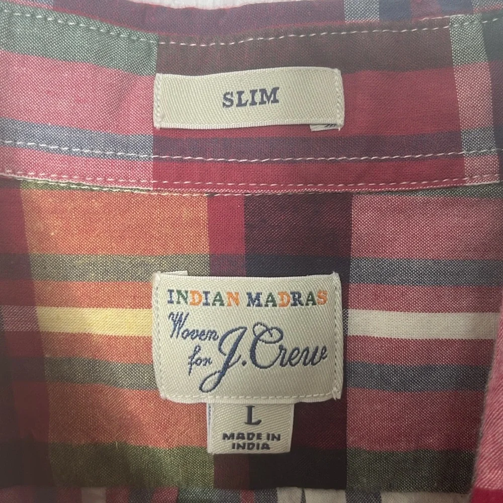 Indian Madras Plaid Cotton Button Down Shirt J. Crew Slim Fit Size Large